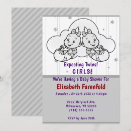 Expecting Twin Girls Cloud Baby Shower Grey Shades Invitation