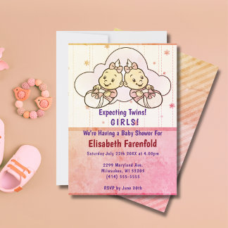Expecting Twin Girls Cloud Baby Shower Retro Invitation