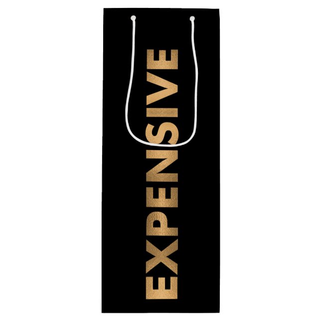 EXPENSIVE Elegant Faux Gold Foil Text on Black Wine Gift Bag (Front)