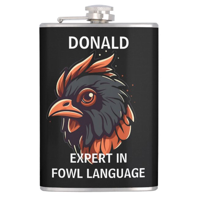 Expert in Fowl Language, Rooster's Head. Pocket Hip Flask (Front)