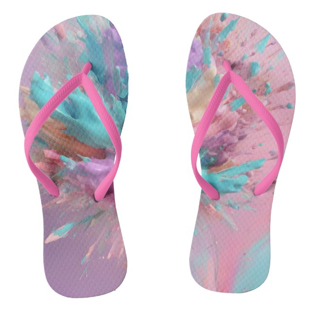 Exploding Paint Abstract Pink Turquoise Lilac Flip Flops (Footbed)