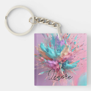 Exploding Paint Abstract Pink Turquoise Lilac Keychain