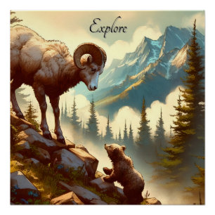 Explore Bighorn Sheep Grizzly Cub Mountain Poster
