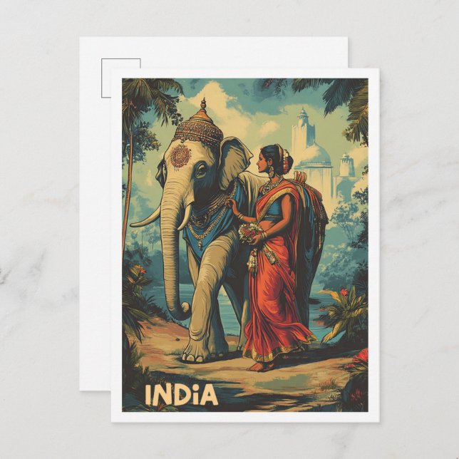 Explore India Vintage Travel Illustration Postcard (Front/Back)