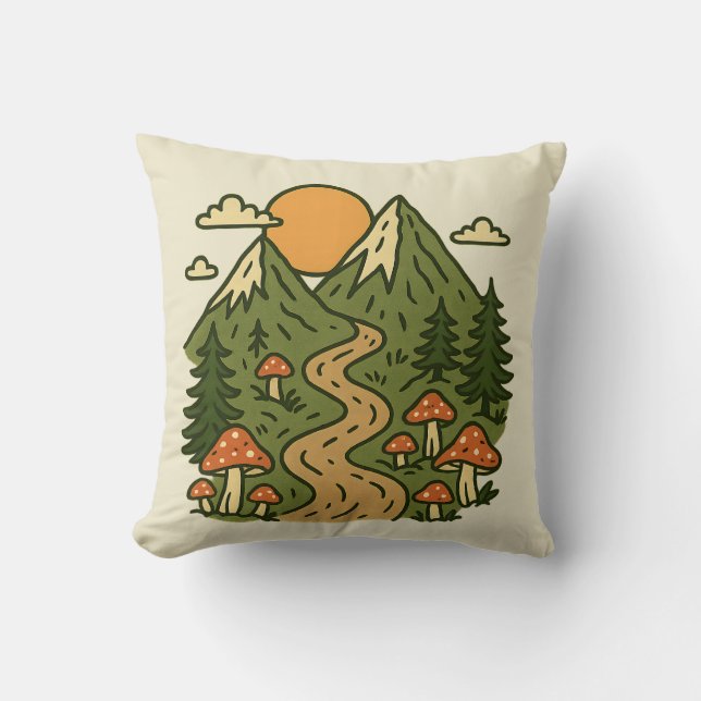 Explore More Mountains | Mushroom Hiking Adventure Throw Pillow (Front)