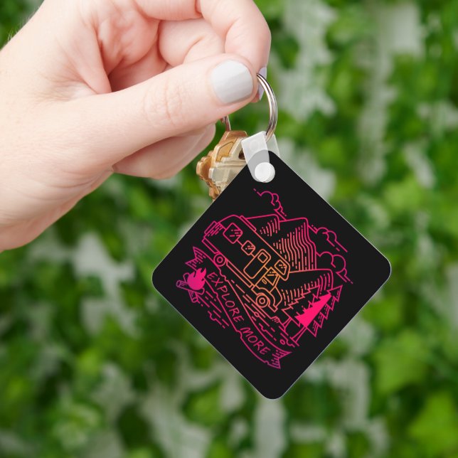 Explore More Pink Camper Van Mountain Nature Lover Keychain (Hand)