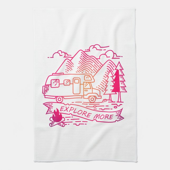 Explore More Pink Camper Van Mountain Nature Lover Kitchen Towel (Vertical)