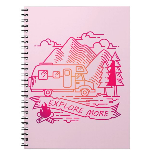 Explore More Pink Camper Van Mountain Nature Lover Notebook (Front)