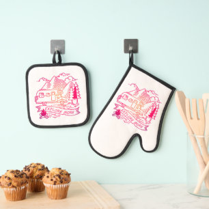 Explore More Pink Camper Van Mountain Nature Lover Oven Mitt & Pot Holder Set