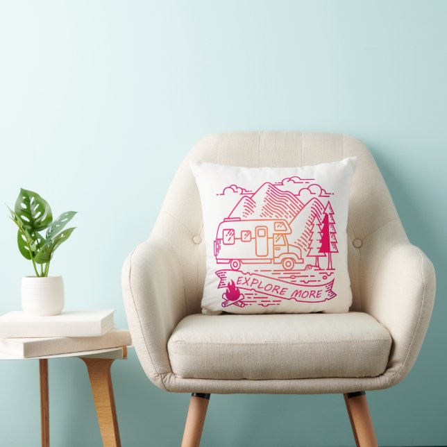 Explore More Pink Camper Van Mountain Nature Lover Throw Pillow (Chair)