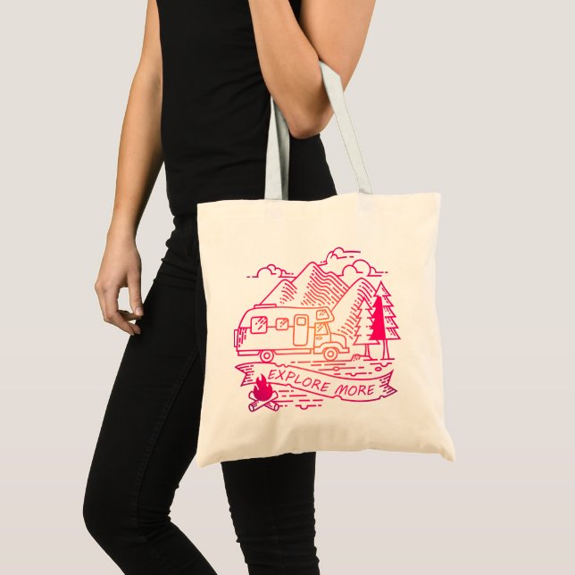 Explore More Pink Camper Van Mountain Nature Lover Tote Bag (Front (Product))