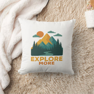Explore More – Retro Mountain & Forest Adventure Throw Pillow