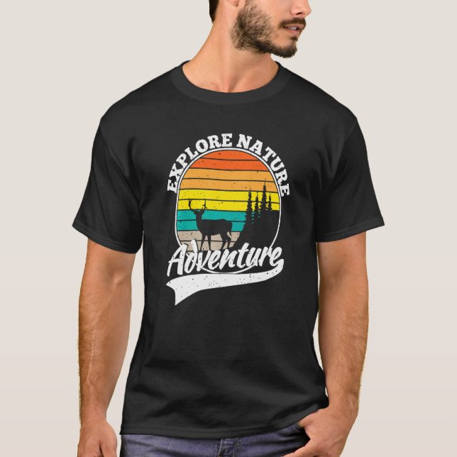 Explore Nature Adventure Retro Forest Hiking T-Shirt (Front)