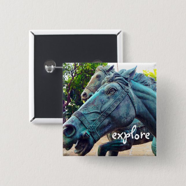 Explore Script Turquoise Horses Antique Statue 2 Inch Square Button (Front & Back)