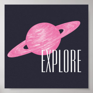 Explore Space Saturn Illustration Pink Navy Blue Poster