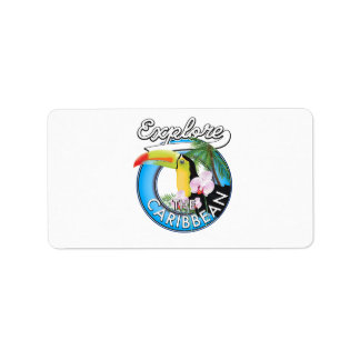 Explore the Caribbean travel patch. Button Square  Label