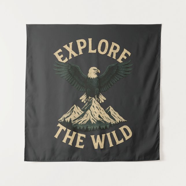 Explore the Wild – Bald Eagle & Mountain Adventure Tapestry (Front)