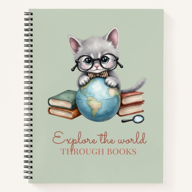 “Explore the World Through Books” Cute Kitten  Notebook (Front)