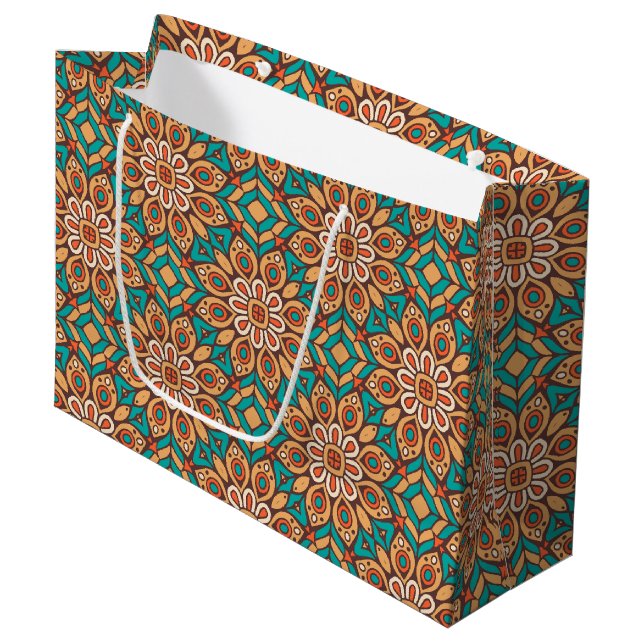 Explore Vibrant Floral Motifs in Geometric Pattern Large Gift Bag (Front Angled)