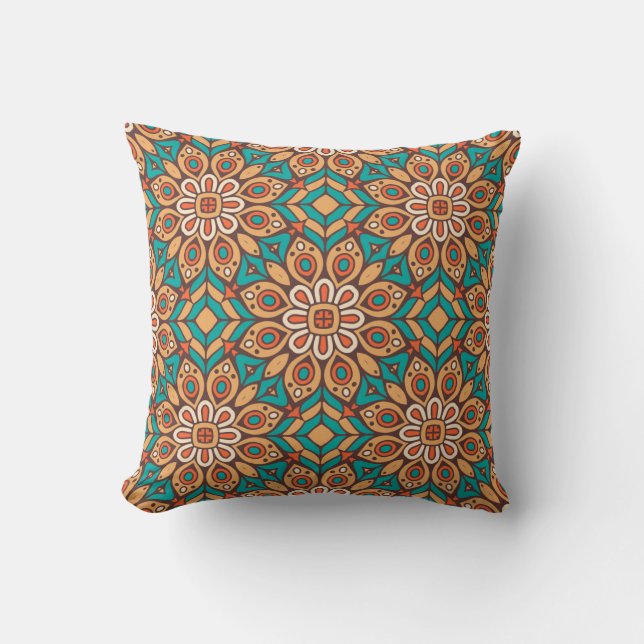 Explore Vibrant Floral Motifs in Geometric Pattern Throw Pillow (Front)