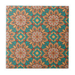 Explore Vibrant Floral Motifs in Geometric Pattern Tile<br><div class="desc">Seamless geometric pattern with intricate floral motifs in orange,  teal,  and beige tones,  creating a vibrant,  symmetrical,  and harmonious design.</div>