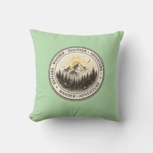 Explore Wander Discover Sage Green Mountain Throw Pillow