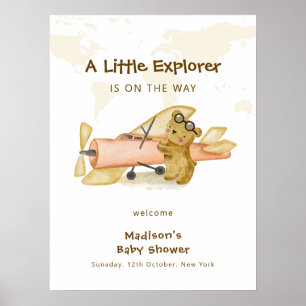Explorer World Map Airplane Baby Shower Welcome Poster