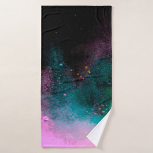 Explosion of coloured powder isolated on black bac bath towel