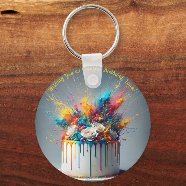 Explosion of Joy – Happy Birthday Cake Keychain (Front)