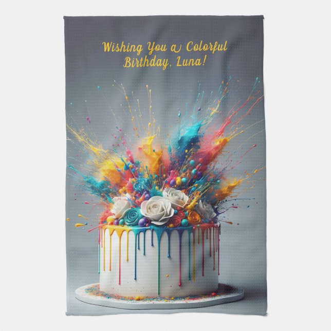 Explosion of Joy – Happy Birthday Cake Kitchen Towel (Vertical)