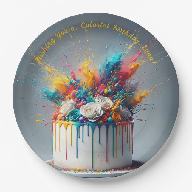 Explosion of Joy – Happy Birthday Cake Paper Plate (Front)
