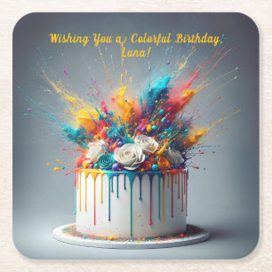Explosion of Joy – Happy Birthday Cake Square Paper Coaster