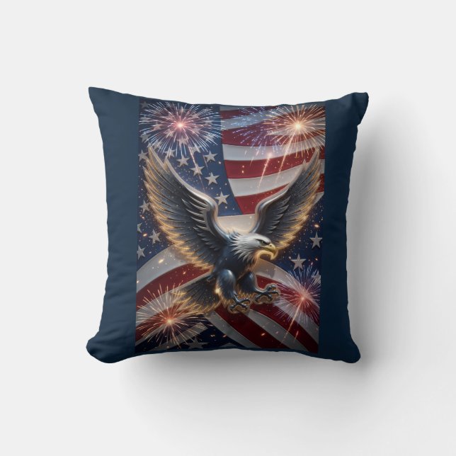 Explosive Freedom: 3D Patriotic Eagle with Firewor Throw Pillow (Front)