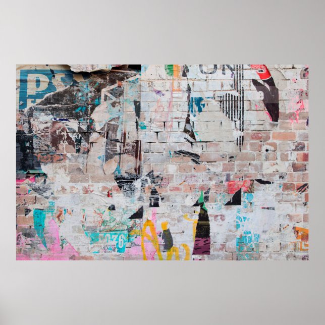 Exposed weathered brick wall with torn street post poster (Front)