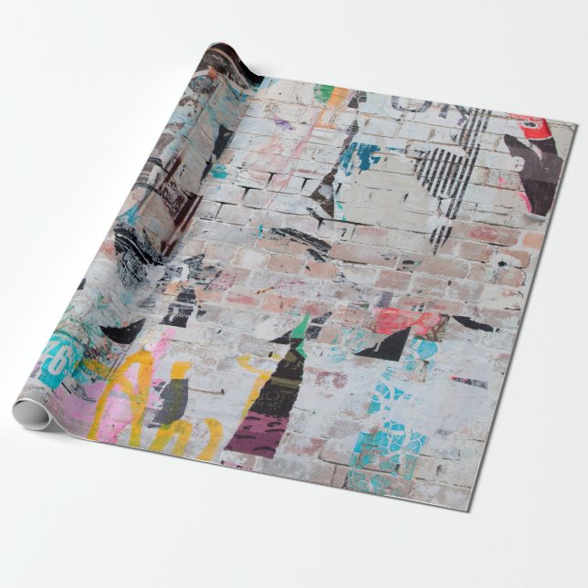 Exposed weathered brick wall with torn street post wrapping paper (Unrolled)