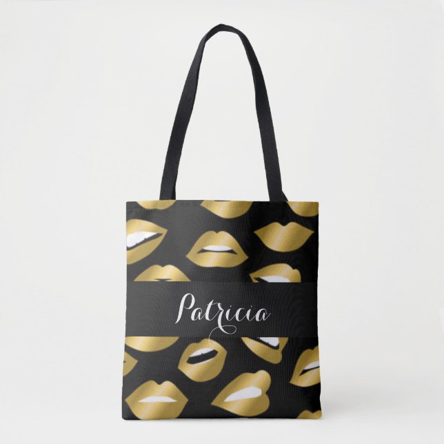 Expressional Gold Lips Typography Tote Bag (Front)