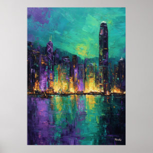 Expressionist Hong Kong Skyline Neon Harbor City Poster