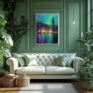 Expressionist Hong Kong Skyline Neon Harbour City Poster