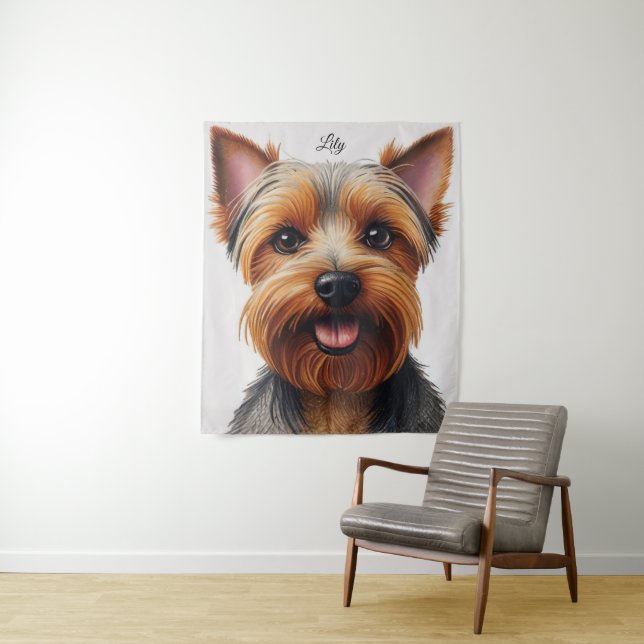 Expressive CloseUp Yorkshire Terrier Dog Portrait Tapestry (In Situ)