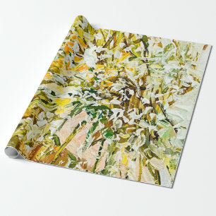 Expressive embossed paint on canvas, created using wrapping paper