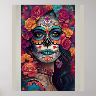 Expressive Sugar Skull Art: Woman in Festive Skull Poster