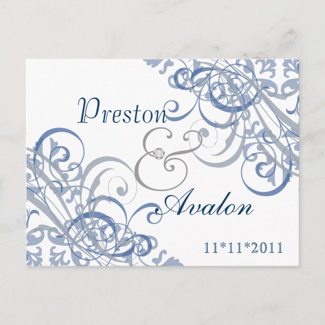 Exquisite Baroque Blue Save The Date Postcard (Front)