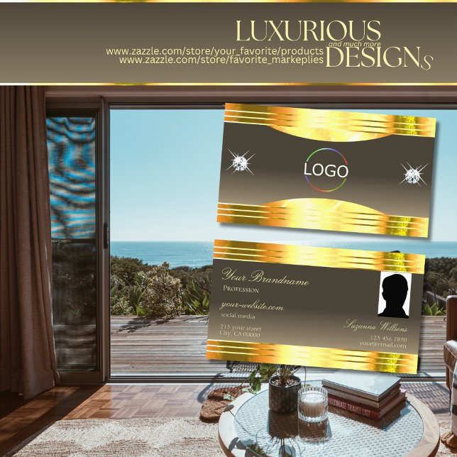 Exquisite Beige Brown Gold Borders Logo and Photo Business Card (Creator Uploaded)