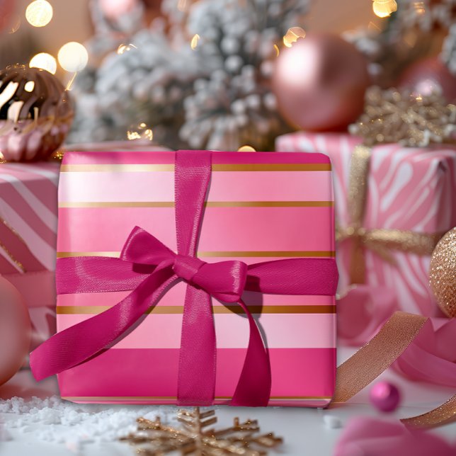 Exquisite Berry Pink and Gold Striped   Wrapping Paper (Beautiful Berry Pink and Gold Christmas Gift Wrap)