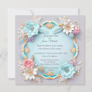 Exquisite Blue And Gold Floral Frame Invitation