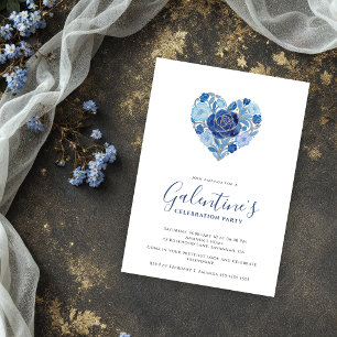 Exquisite Blue Floral Heart Galentine's Day Party Invitation