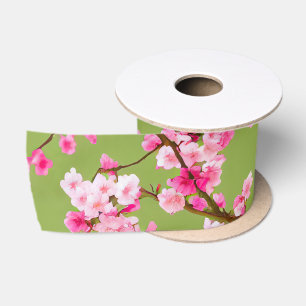 Exquisite Cherry Blossoms Florals on Chartreuse Satin Ribbon