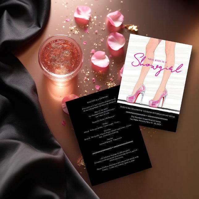 Exquisite Chic Showgirl Fun Bachelorette Weekend Invitation (Elegant and exquisite illustration featuring long showgirl legs wearing pink platform heels.)