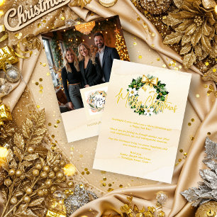 Exquisite Christmas Gold Tones Wreath Corporate Holiday Card