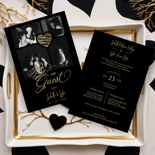 Exquisite Collage 4 Photos Golden Stylish Heart Invitation (Exquisite Collage 4 Photos Golden Stylish Heart Black Wedding Invitations Card with Elegant Script.)